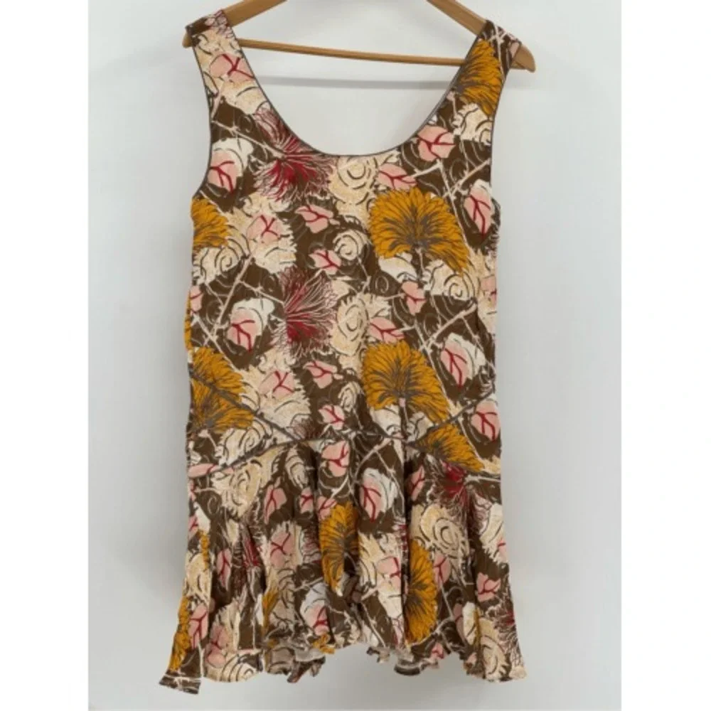 Free People‎ Tunic Tank Top Mini Dress Small Brown Yellow Floral Lined Boho